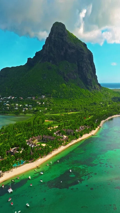 Aerial view of Le Morne Peninsula and sea lagoon formed by coral reefs 库存影片 343473179