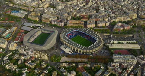 Aerial View of Le Parc des Princes stadium for soccer team Paris Saint-Germain Stock Footage 254777079