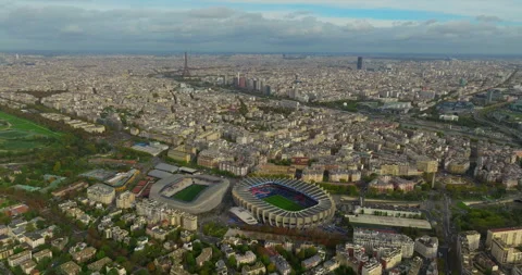 Aerial View of Le Parc des Princes stadium for soccer team Paris Saint-Germain Stock Footage 255196725