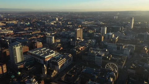 Aerial view of Leeds City Centre, Yorkshire, UK. December 2018. Forwards Stock Footage