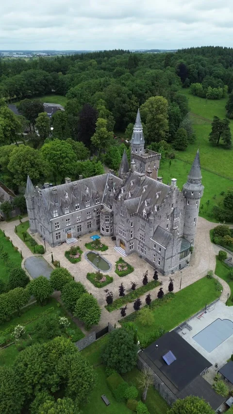 Aerial View Of Leignon Castle And Neo Gothic Architecture In Ciney Belgium Stock Footage 343588719