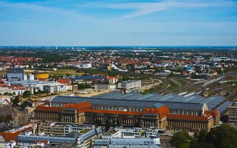 Aerial view of Leipzig central train station and cityscape Stock Photos