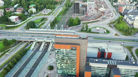 Aerial view of Leppavaara railway station of Espoo, Finland. Stock Footage