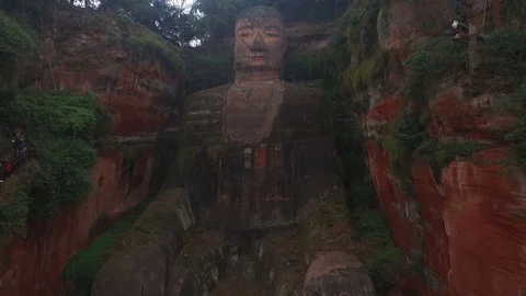 Aerial view of Leshan Giant Buddha in China Stock Footage