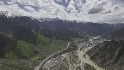 Aerial view of Lhasa and Linzhi highway in Tibet China Stock Footage 307311684