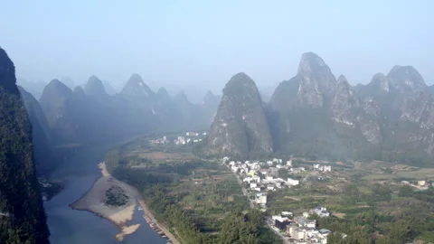 Aerial View of Li River Karst Mountain Scenery in Yangshuo Stock-Footage 340529119