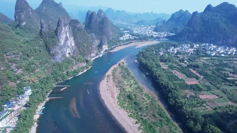 Aerial View of Li River Karst Mountains and Rural Landscape in Guilin China Stock Footage 342092424