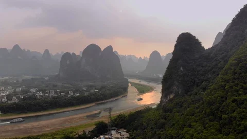 Aerial view of Li River at sunset, the most beautiful landscape of China Stock Footage 127374012