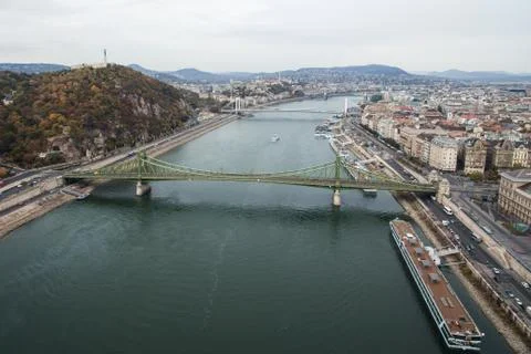 Aerial view of Liberty Bridge while Boat cruising. Budapest, Hungary Stock Photos