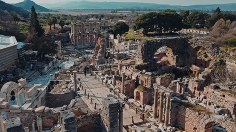 Aerial View of the Library of Celsus and Ancient Ruins in Ephesus Stock Footage 332066063