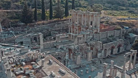 Aerial View of the Library of Celsus and Ancient Columns in Ephesus Stock Footage 332066137