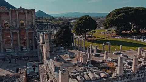 Aerial View of the Library of Celsus and Ancient Columns in Ephesus Stock Footage 332066195
