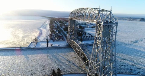 Aerial View of Lifting Bridge in Duluth - Winter Landscape Stock Footage 99965805