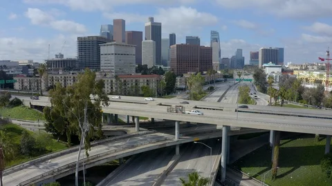 Aerial view of light freeway traffic in Los Angeles Stock Footage 128222122