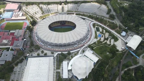 Aerial view of Light Rail Transit and National Stadium Stock Footage 148425826