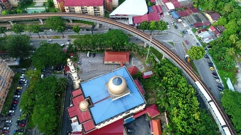 Aerial view. A light rapid transit train in the city. Видео 83834678