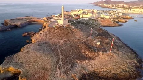 Aerial View Of Lighthouse Cabo De Palos, Mediterranean Sea, Landscape Seascape Stock Footage 219298116