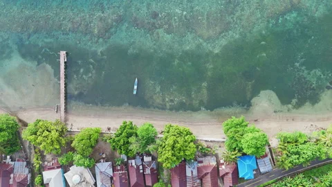 Aerial view of a lighthouse standing on a sandy beach with trees and houses. Video stock 328045373