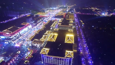 Aerial view of lighting show in Datang Everbright city for celebrate Chinese Stock Footage 123718584
