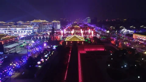 Aerial view of lighting show in Datang Everbright city for celebrate Chinese Stock Footage 123742519