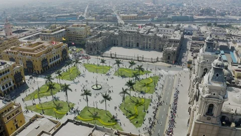 Aerial view of Lima main square, government palace of Peru and cathedral church. Stock Footage 108470559