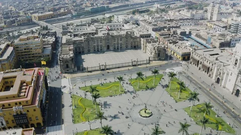 Aerial view of Lima main square, government palace of Peru and cathedral church. Stock Footage 108470870