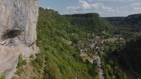 Aerial view of limestone cliffs in Baume les Messieurs blind valley, France Stock Footage 342313830