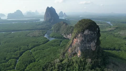 Aerial View of Limestone Karst and Mangrove Forest in Phang Nga, Thailand Stock Footage 335251864