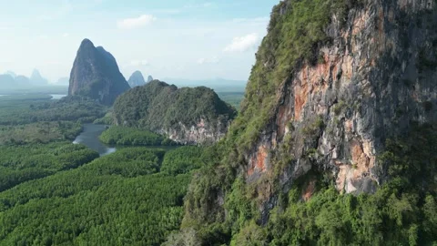 Aerial View of Limestone Karst Mountains and Mangrove Forest in Phang Nga, Stock Footage 335252023