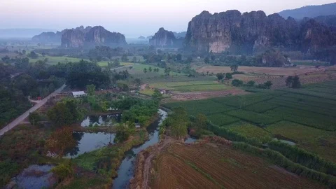 Aerial view limestone mountain range travel attraction in Noen Maprang distri Stock Footage 104000642