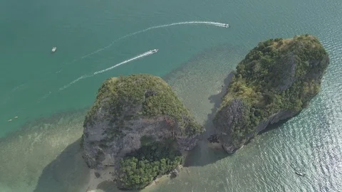 Aerial view of limestone rock, floating boats on Phra Nang bay, Krabi, Thailand. Stock Footage 121452936