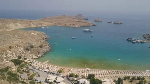 Aerial view of Lindos beach Stock Footage 80502620