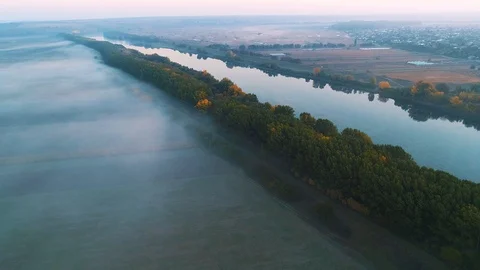 Aerial view of a line of trees to its left a area amidst fog and to it's righ Stock Footage 114426310