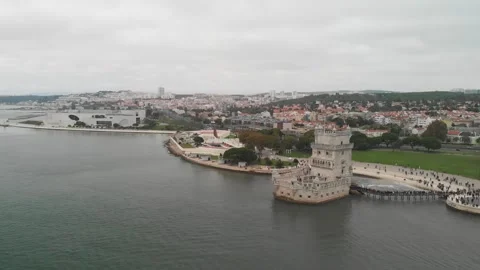 Aerial view of Lisbon, Belem Tower - Tagus River, Portugal Stock Footage 332035735
