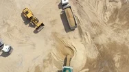 Aerial View Loading Bulldozer In Open Air Quarry. Sand Mining Industry. Bulld Stock Footage