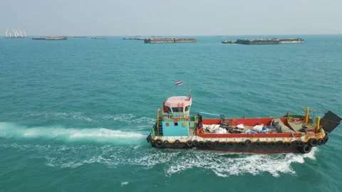 Aerial view local logistic transport wooden boat on sea bay Stock Footage 236739068