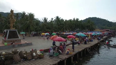 Aerial view of local people working at the crab market in Kep , Cambodia, Asia Stock Footage 83535565