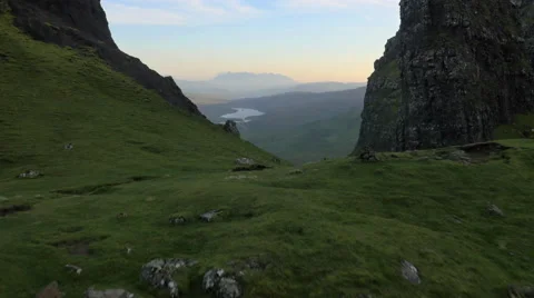 Aerial view of Loch near Old Man of Storr Scotland Stock Footage