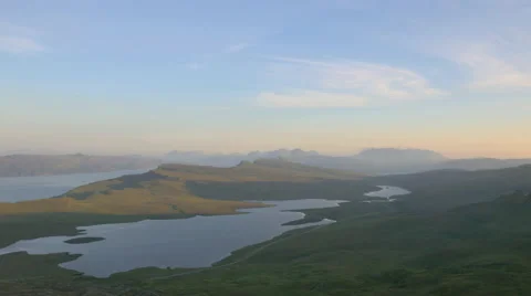 Aerial view of Loch near Old Man of Storr Scotland Видео