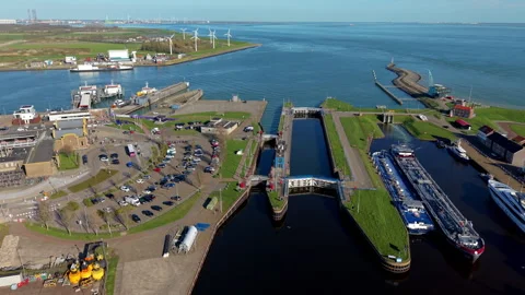 Aerial view of the locks and harbor channel in Vlissingen, Netherlands. Stock Footage 335161279