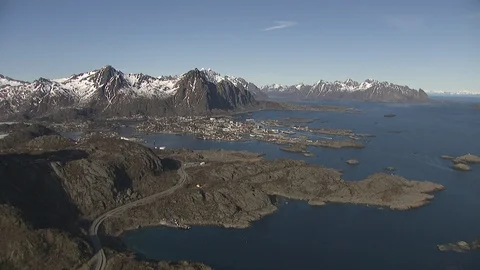 Aerial view of Lofoten with dramatic mountains,peaks &amp; open sea. Stock Footage 87728630