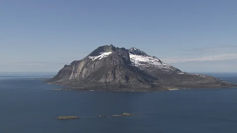 Aerial view of Lofoten with dramatic mountains,peaks &amp; open sea. Stock Footage 87729192