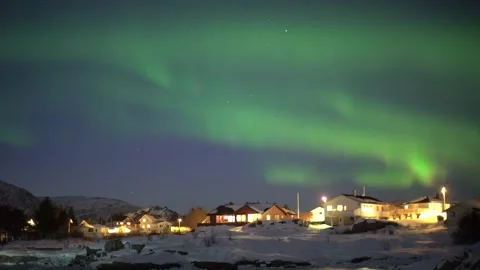 Aerial view of Lofoten under aurora borealis in Norway. Stock Footage 345003653