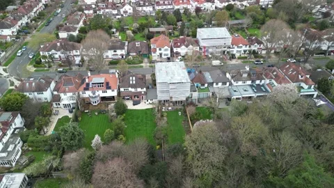 Aerial view of loft conversion work of a property in Chiswick, London, UK. Stock Footage 237634816