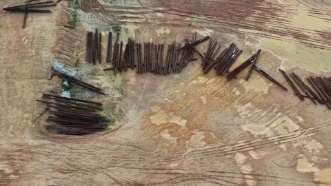 Aerial view of logging site with construction material and dirt tracks in forest Stock Footage 339801918