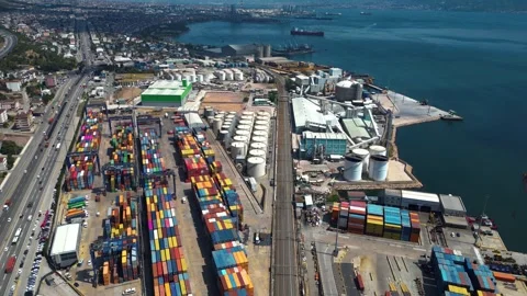 Aerial View of Logistics Terminal and Container Rows Stock Footage 342344564
