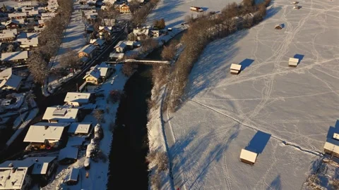 Aerial view of Loisach River in Garmisch-Partenkirchen, Bavaria. Snowy Stock Footage 316632156