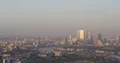 Aerial View of London Center Skyline Canary Wharf Towers and Tower Bridge Sunset 4k or 4k+ Resolution