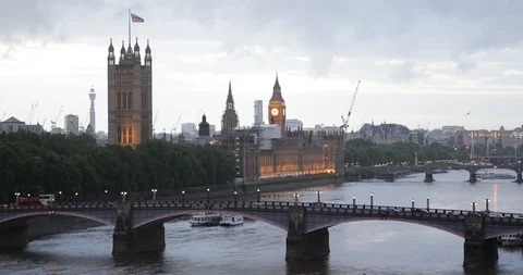 Aerial View of London City Skyline with Double Decker Bus on Lambeth Bridge Dusk Stock Footage