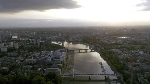 Aerial View of London Cityscape Battersea Bridge on Thames River around Chelsea Stock Footage